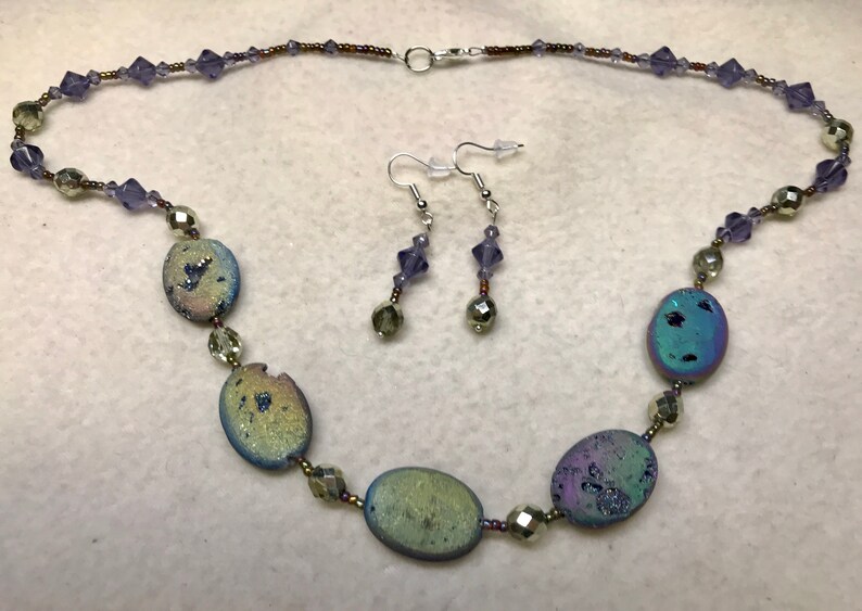 Radiant Aurora handmade beaded necklace and earrings set gender neutral purple 23 long Druzy agate stones Czech glass beads nickel free