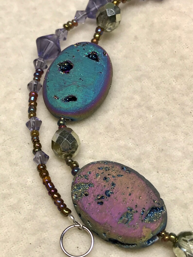 Radiant Aurora handmade beaded necklace and earrings set gender neutral purple 23 long Druzy agate stones Czech glass beads nickel free