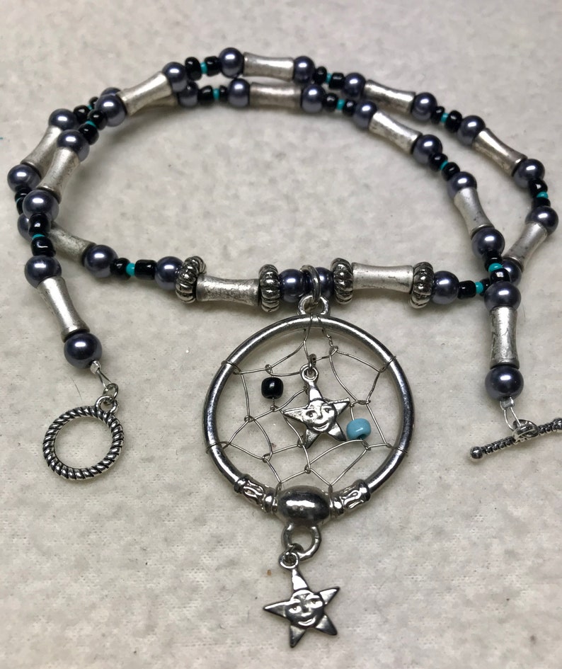 To Dream Again handmade beaded necklace gender neutral 19 long dream catcher Native American First Nations dreams visions twilight night
