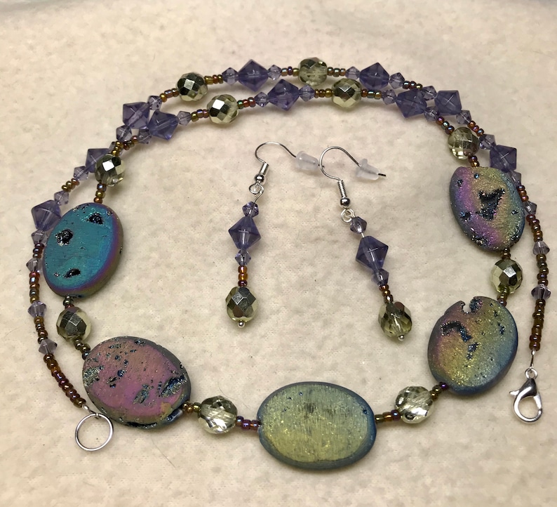 Radiant Aurora handmade beaded necklace and earrings set gender neutral purple 23 long Druzy agate stones Czech glass beads nickel free