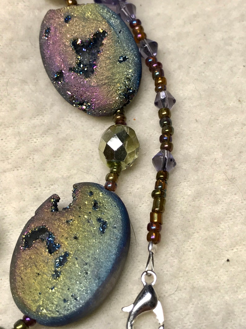 Radiant Aurora handmade beaded necklace and earrings set gender neutral purple 23 long Druzy agate stones Czech glass beads nickel free