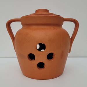 Handmade terracotta garlic keeper with handles garlic lidded pot storage cellar