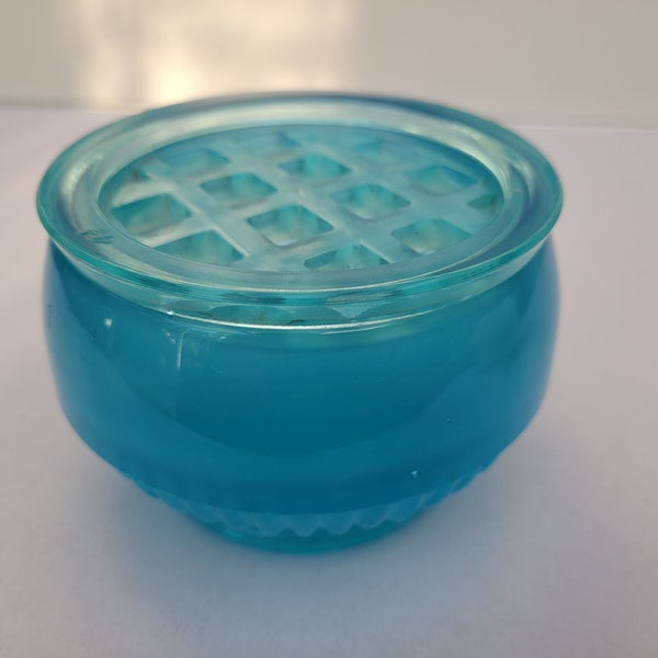 Davidson Glass Works flower posy bowl vase and frog frosted turquoise blue pressed glass 1940s Pattern No: 10/1910