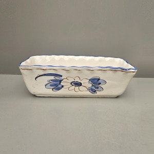Blue and white floral ceramic planter hand painted cachepot heavy rectangular plant pot cottage garden vintage terracotta glazed planter