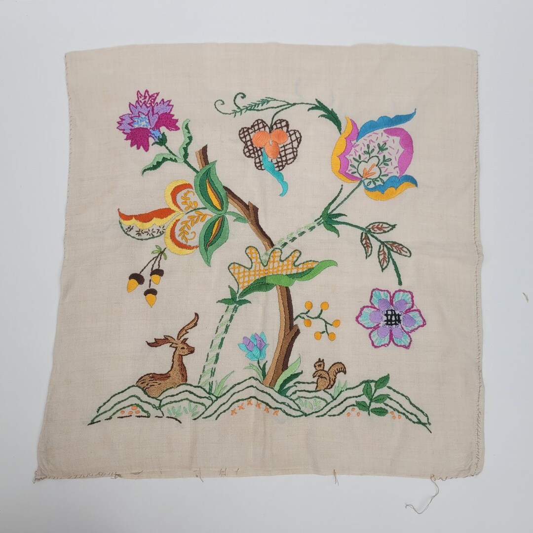 Vintage Hand Embroidered Jacobean Floral Design Featuring a Deer and ...