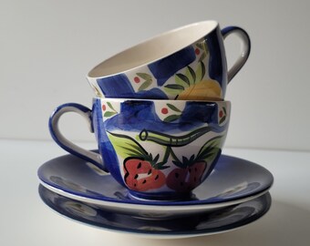 Whittard of Chelsea set of 2 cups and saucers hand painted Mediterranean blue with strawberry pineapple vintage Italian style coffee tea