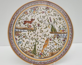 Conimbriga wall display plate plaque serving platter hand painted 17th century design of bird deer floral made in Portugal | 9.75" diameter