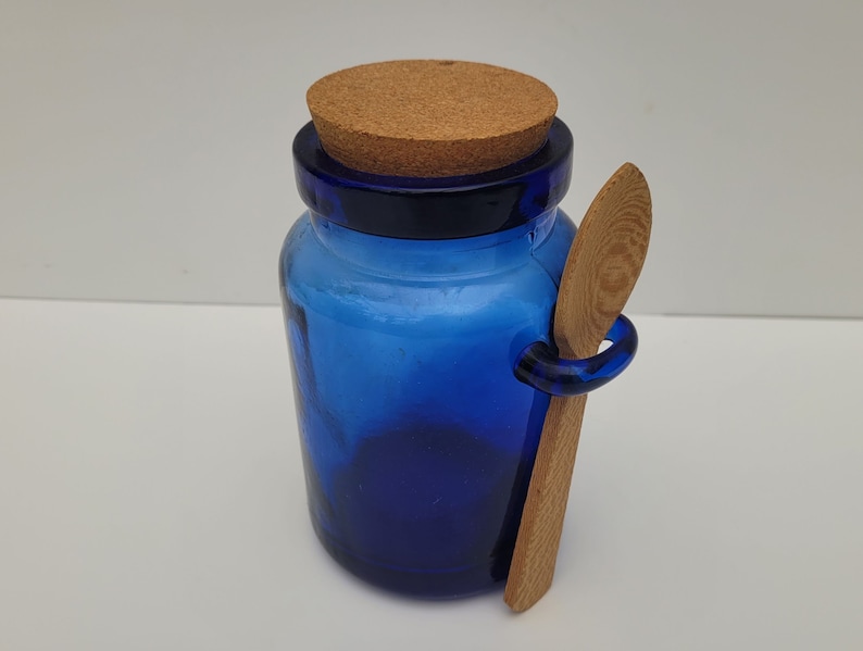 Blue Glass Kitchen Storage Jar Cork Lid + Spoon