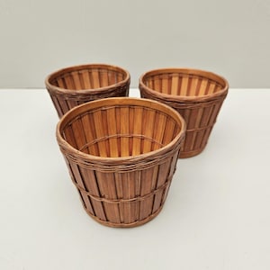 May include: Three small, woven bamboo baskets. The baskets are cylindrical with a flared top and a dark brown rim. The bamboo strips are a light brown colour, and the baskets are empty. The background is a solid, light colour.