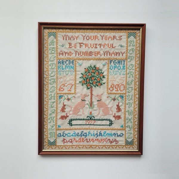 Completed hand sewn vintage cross stitch sampler dated 1977 with verse A-Z 0-9 fruit tree dogs rabbits birds glazed & framed | 46cm x 37cm