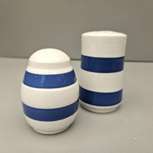 May include: A matching salt and pepper set. The shakers are white with blue horizontal stripes. One is egg-shaped, the other is cylindrical. The ceramic shakers have a glossy finish. The background is a neutral grey.