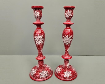 Hand painted wooden candlesticks pair red and white folk art style candle holders vintage style Scandinavian decor Christmas table decor