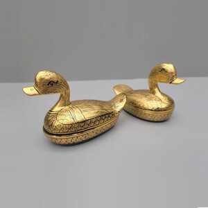 Pair of lacquered gold gilt wooden ducks 11.5cm (4.5") long lidded dish set of 2 decorative bird trinket lacquerware boxes keepsake box