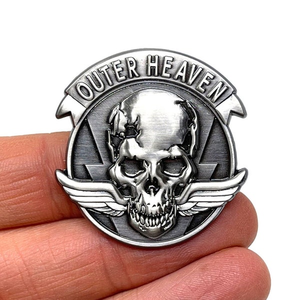 Metal Gear, Outer Heaven emblem, 3D diecast 1.5” enamel pin and magnet in antique nickel or dark nickel - Classic Metal Gear - retro gaming