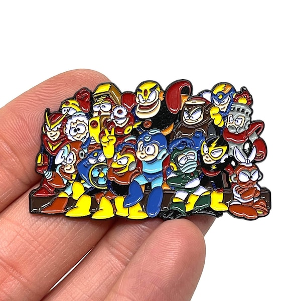 Mega Man 1 and 2 for NES, Mega Man and Robot Masters, 2” enamel pin and magnet - Classic NES retro gaming art