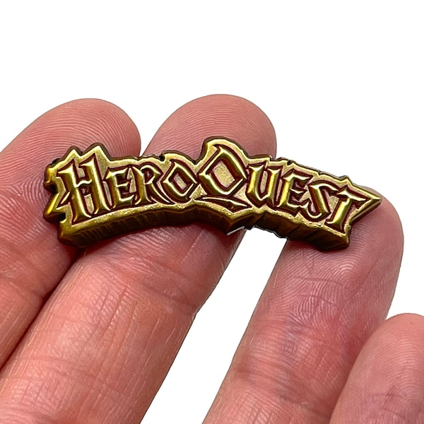 Hero Quest, board game title logo 1.5” 3D metal bronze pin and magnet - Retro game art -  board game pins and art