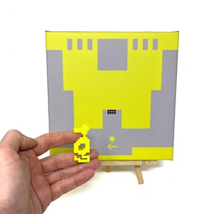 Adventure for Atari 2600 - Yellow Castle with hero 8&quot;x8&quot; canvas print with Yorgle Yellow Dragon 2” enamel magnet - Atari retro game art