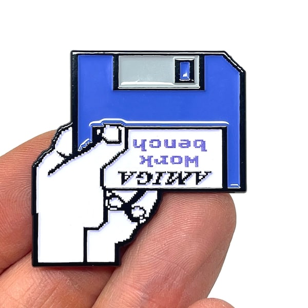 Amiga workbench kickstart disk-in-hand prompt 1.5” enamel pin and magnet - Classic Amiga computer retro pin