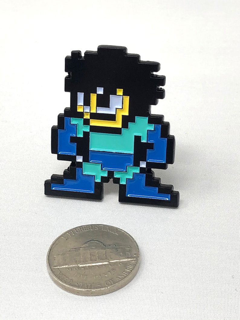 enamel pin retro gaming Mega Man without his helmet from Mega Man 2 Classic NES 8-bit game enamel pin