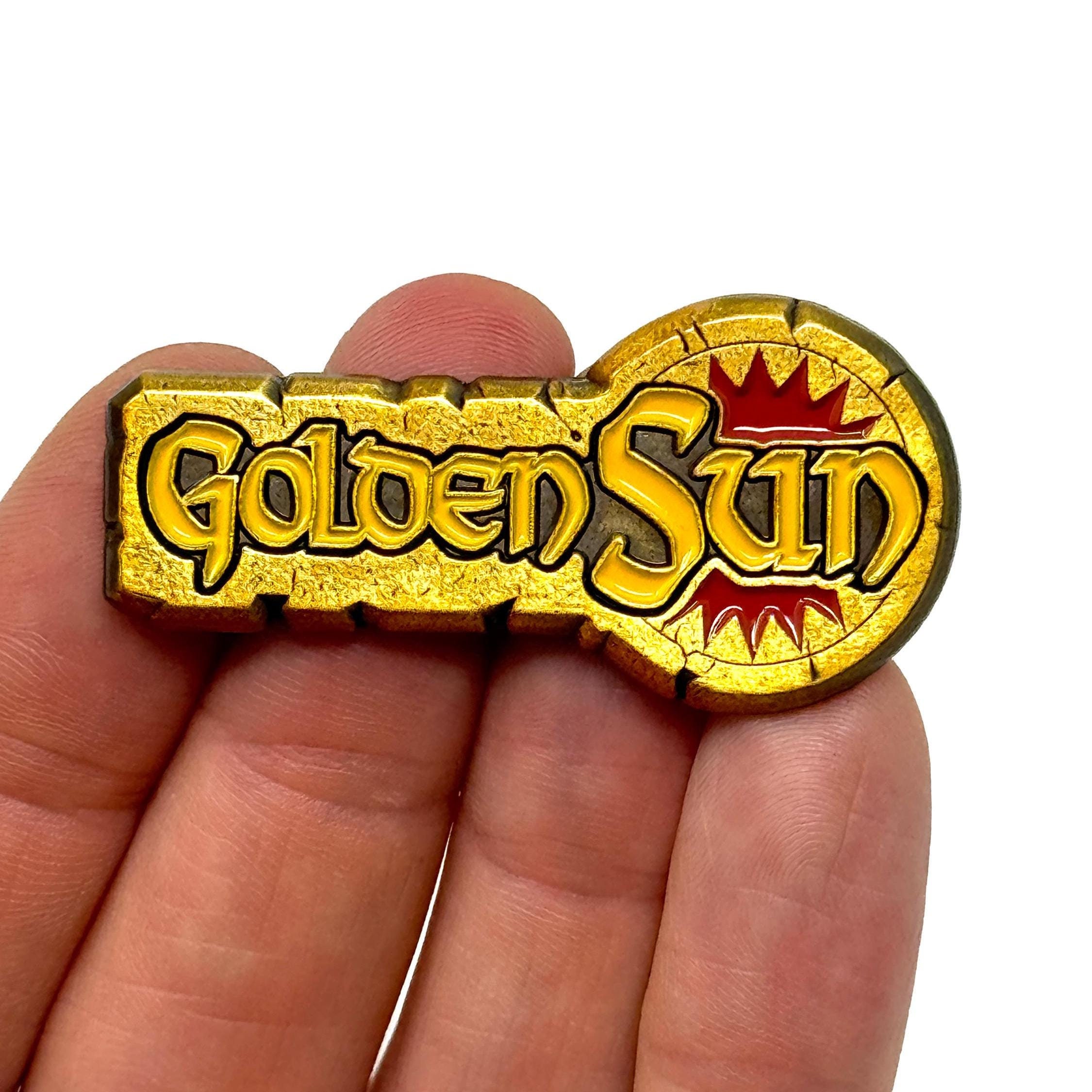Golden Sun for GBA, title logo 2” 3D enamel pin and magnet - Classic GBA and DS retro gaming art - Classic retro gaming art