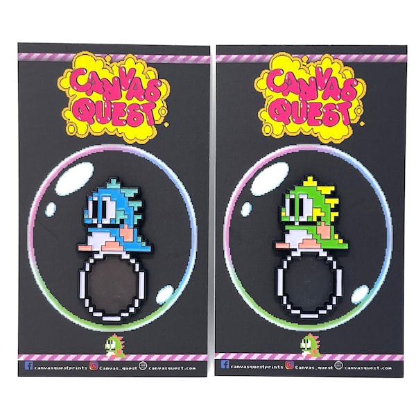 Bubble Bobble - Bub et Bob sur une épingle ou un aimant en émail à bulles translucides - Art de jeu rétro Classic Arcade