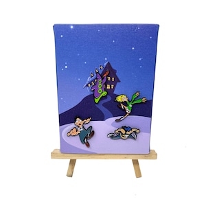 Maniac Mansion Day of the Tentacle magnet-on-canvas. Purple Tentacle, Bernard, Hoagie & Laverne 1.75” enamel magnets on 5”x7” box art canvas