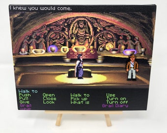 Indiana Jones and the Last Crusade - The Graphic Adventure with Indy enamel magnet on 8"x12" grail scene canvas print - PC game retro art