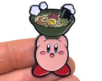 Kirby eating Ramen, 1.75” enamel pin and magnet - Classic Game Boy game art - retro gaming