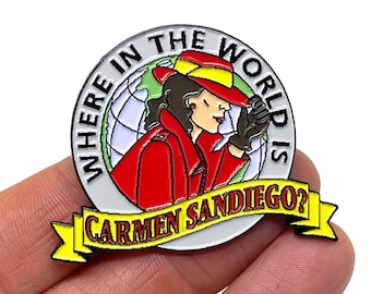 Where in the World is Carmen Sandiego, Carmen Sandiego logo 2” enamel pin and magnet  - Classic retro gaming art