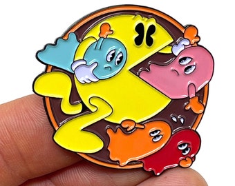 Pac-Man Chomping on Ghosts, Blinky, Pinky, Inky, and Clyde enamel pin and magnet - Classic Arcade Pac Man art - Arcade retro gaming pin