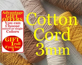 3 mm Cotton cord, 1 roll, 165 meters, 250 grams, Cotton macrame yarn, %100 cotton, macrame rope, macrame, macrame cord, cord, cotton cord