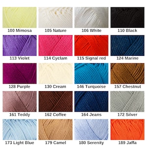 May include: A grid of twenty yarn skeins in various colors, each labeled with a number and name: 100 Mimosa, 105 Nature, 106 White, 110 Black, 113 Violet, 114 Cyclam, 115 Signal red, 124 Marine, 128 Purple, 130 Cream, 146 Turquoise, 157 Chestnut, 161 Teddy, 162 Coffee, 164 Jeans, 172 Silver, 173 Light Blue, 179 Camel, 180 Serenity, and 189 Jaffa.