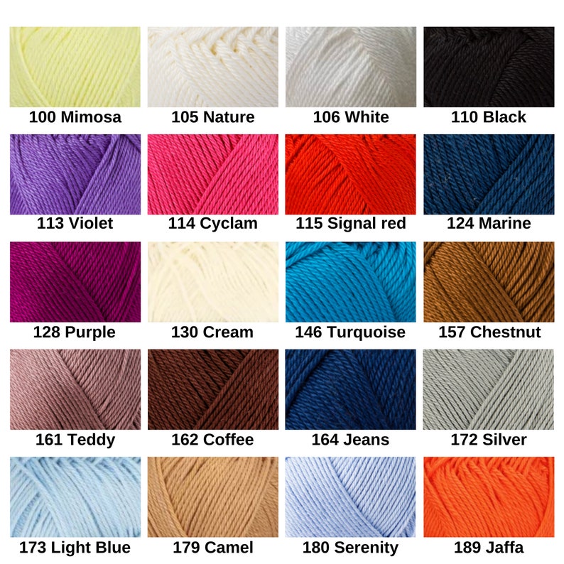 May include: A grid of twenty yarn skeins in various colors, each labeled with a number and name: 100 Mimosa, 105 Nature, 106 White, 110 Black, 113 Violet, 114 Cyclam, 115 Signal red, 124 Marine, 128 Purple, 130 Cream, 146 Turquoise, 157 Chestnut, 161 Teddy, 162 Coffee, 164 Jeans, 172 Silver, 173 Light Blue, 179 Camel, 180 Serenity, and 189 Jaffa.