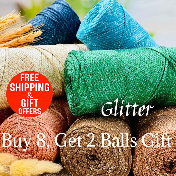 Glitter Polyester Macrame Yarn, Glitter Handmade Bag Yarn, 2 mm PP Polyester Macrame Yarn, Glitter Yarn, Shiny Metallic Yarn, 2mm,607ft,200g