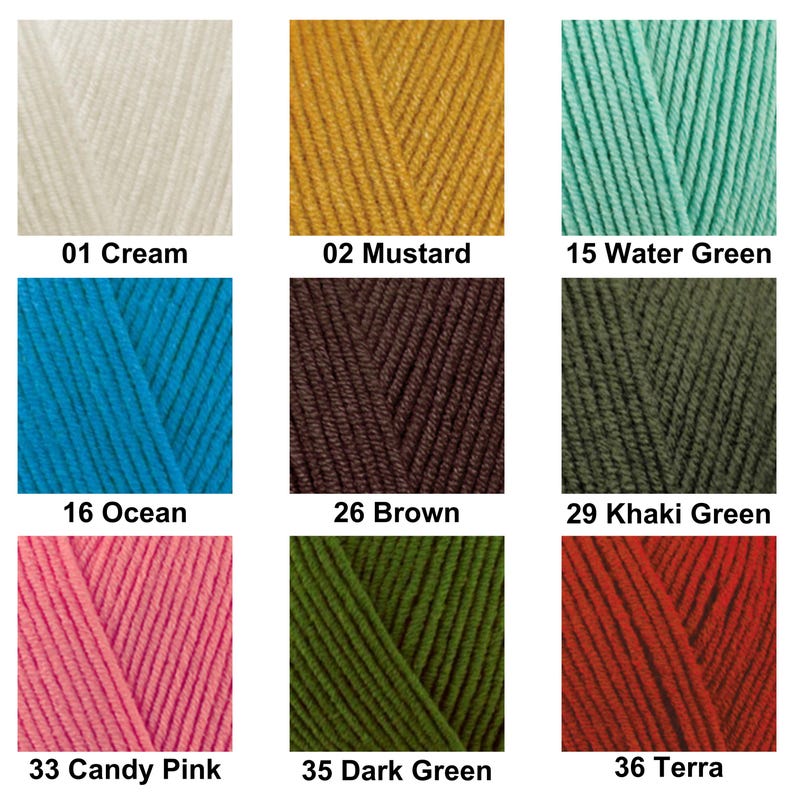 May include: A grid of nine yarn color samples labeled with numbers and names: 01 Cream, 02 Mustard, 15 Water Green, 16 Ocean, 26 Brown, 29 Khaki Green, 33 Candy Pink, 35 Dark Green, and 36 Terra. Each square displays a close-up of textured yarn.