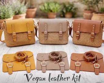 DIY Faux Leather Satchel Bag Kit, Crochet Shoulder Bag Making Supplies, Vegan Leather Flap and Strap Set, Crossbody Bag Accessory, Bag Parts