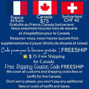 Puede incluir: La imagen muestra las banderas de Francia, Canad&aacute; y Suiza. El texto promociona el env&iacute;o gratuito con un c&oacute;digo de cup&oacute;n. La imagen est&aacute; sobre un fondo azul y anuncia el env&iacute;o gratuito a Canad&aacute;.