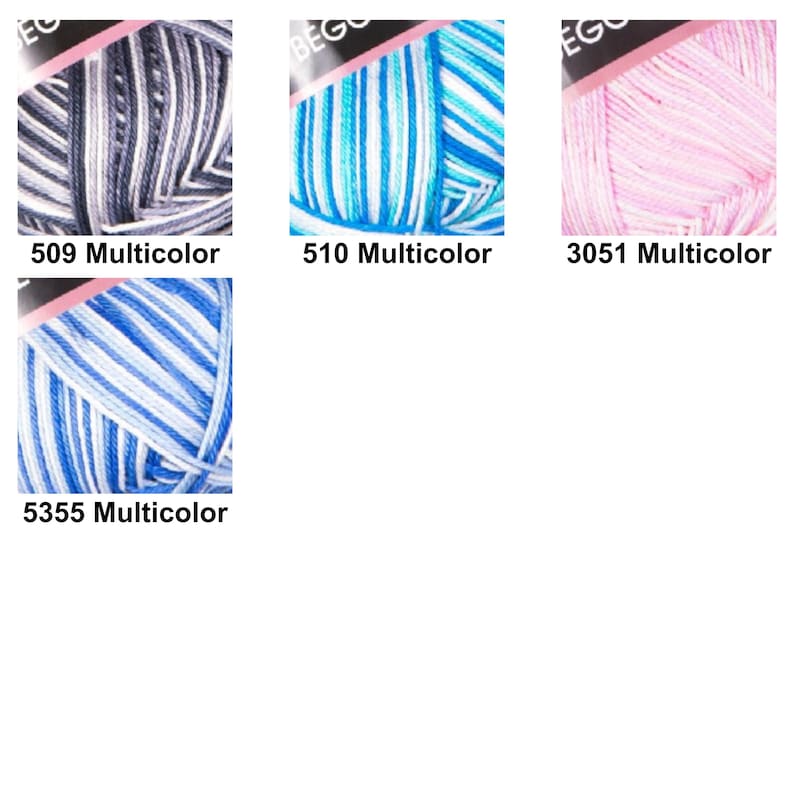 Puede incluir: Cuatro ovillos de lana con distintos patrones de color: 509 Multicolor en gris y blanco, 510 Multicolor en azul y blanco, 3051 Multicolor en rosa claro y blanco, y 5355 Multicolor con rayas de color azul brillante y blanco.