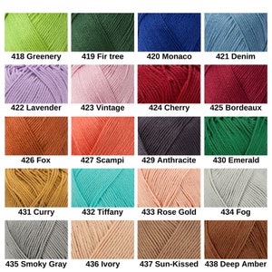 May include: A grid of twenty yarn skeins in various colors, each labeled with a number and name: 418 Greenery, 419 Fir tree, 420 Monaco, 421 Denim, 422 Lavender, 423 Vintage, 424 Cherry, 425 Bordeaux, 426 Fox, 427 Scampi, 429 Anthracite, 430 Emerald, 431 Curry, 432 Tiffany, 433 Rose Gold, 434 Fog, 435 Smoky Gray, 436 Ivory, 437 Sun-Kissed, and 438 Deep Amber.