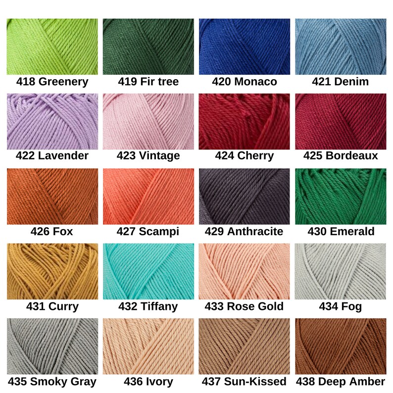 May include: A grid of twenty yarn skeins in various colors, each labeled with a number and name: 418 Greenery, 419 Fir tree, 420 Monaco, 421 Denim, 422 Lavender, 423 Vintage, 424 Cherry, 425 Bordeaux, 426 Fox, 427 Scampi, 429 Anthracite, 430 Emerald, 431 Curry, 432 Tiffany, 433 Rose Gold, 434 Fog, 435 Smoky Gray, 436 Ivory, 437 Sun-Kissed, and 438 Deep Amber.
