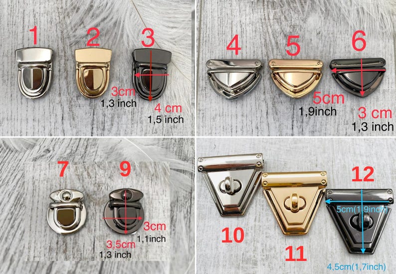 May include: A selection of metal bag clasps in different styles and finishes. The clasps are in silver, gold, and gunmetal colours. Measurements are provided in centimetres, with some clasps up to 5 cm wide.
