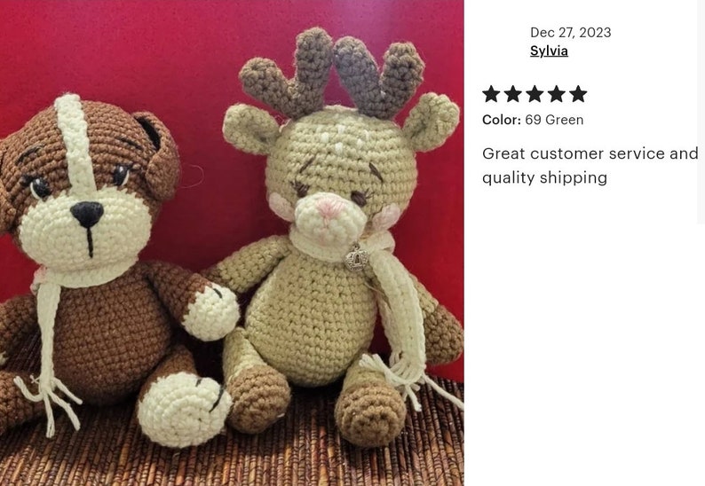May include: Two handmade crochet stuffed animals. One is a brown dog with a cream-colored face stripe and scarf. The other is a light green deer with brown antlers, pink cheeks, and a cream-colored scarf. Both have embroidered facial features.