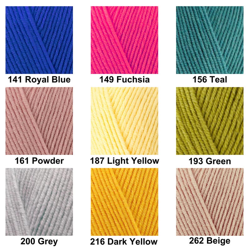May include: A grid of nine yarn color samples featuring 141 Royal Blue, 149 Fuchsia, 156 Teal, 161 Powder, 187 Light Yellow, 193 Green, 200 Grey, 216 Dark Yellow, and 262 Beige. Each square displays the specific color name and number below it.