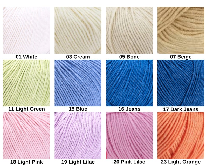 May include: A grid of twelve yarn skeins in various colors, each labeled with a number and name: 01 White, 03 Cream, 05 Bone, 07 Beige, 11 Light Green, 15 Blue, 16 Jeans, 17 Dark Jeans, 18 Light Pink, 19 Light Lilac, 20 Pink Lilac, 23 Light Orange.