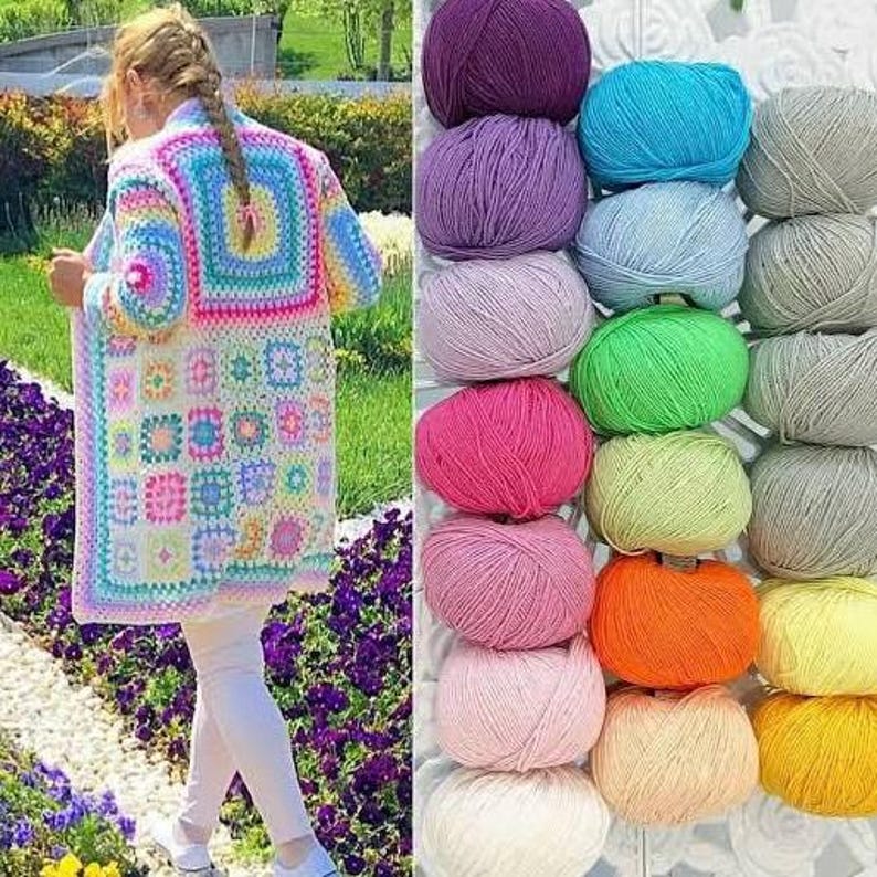 May include: A long-sleeved cardigan made of multicolored crochet granny squares in shades of pink, blue, yellow, and purple, displayed alongside a collection of yarn balls in various solid colors including purple, blue, green, orange, and yellow.