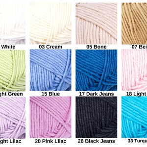 May include: A collection of yarn skeins in various colors, including white, cream, bone, beige, light green, blue, dark jeans, light pink, light lilac, pink lilac, black jeans, and turquoise. Each skein is labeled with a number and color name.