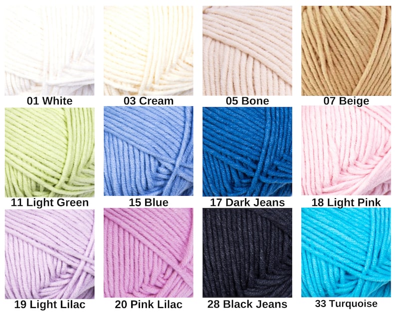 May include: A collection of yarn skeins in various colors, including white, cream, bone, beige, light green, blue, dark jeans, light pink, light lilac, pink lilac, black jeans, and turquoise. Each skein is labeled with a number and color name.
