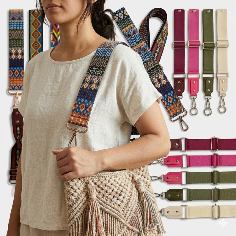 May include: A collection of adjustable bag straps featuring various designs, including patterned fabric with geometric shapes in blue, orange, and yellow, and solid-colored nylon straps in burgundy, pink, olive green, and beige with metal hardware.