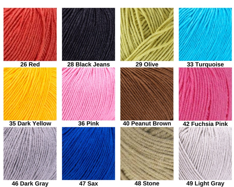 May include: A grid of twelve yarn skeins in various colors, each labeled with a number and name: 26 Red, 28 Black Jeans, 29 Olive, 33 Turquoise, 35 Dark Yellow, 36 Pink, 40 Peanut Brown, 42 Fuchsia Pink, 46 Dark Gray, 47 Sax, 48 Stone, and 49 Light Gray.