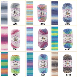 May include: A collection of nine Alize Cotton Gold yarn skeins in various colorways, each labeled with a specific number. The skeins display variegated patterns in shades of gray, pink, blue, green, orange, and brown, with matching swatches.